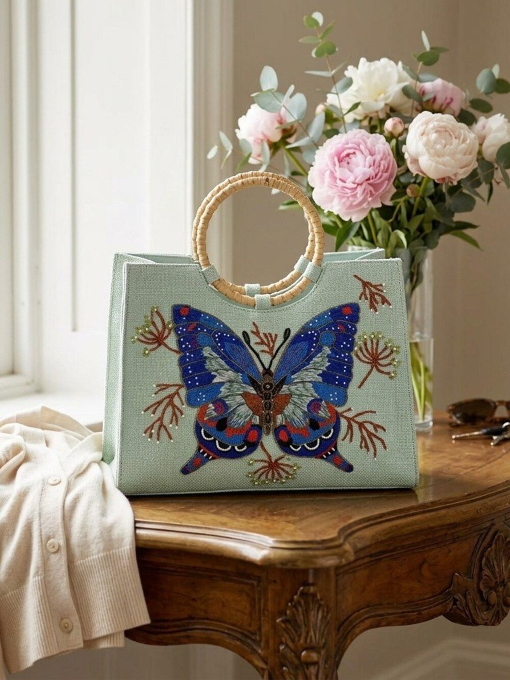 Embroidered Butterfly Mint Tote Bag with Bamboo Handles - Picture 2 of 5